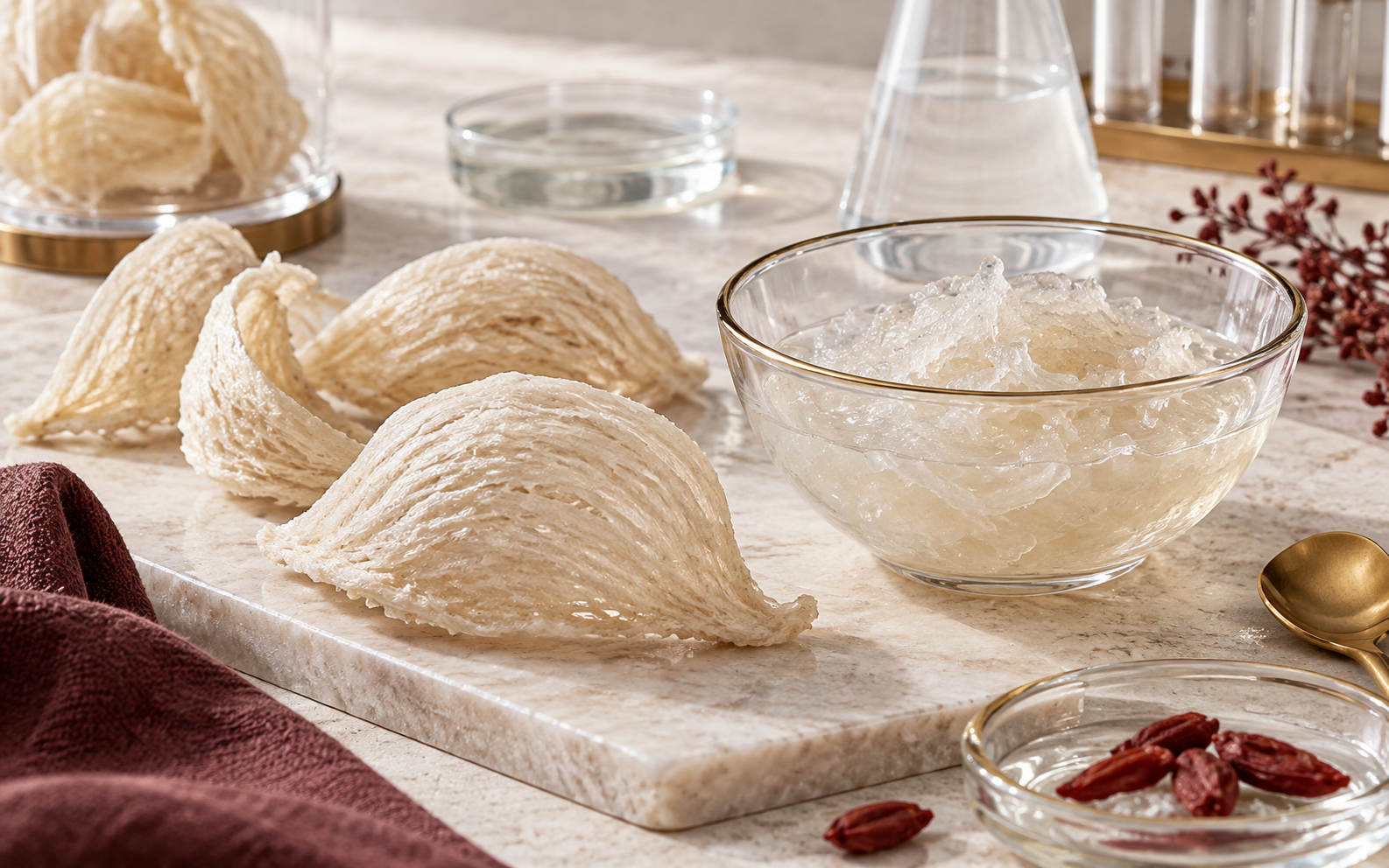 Whole cleaned edible bird nest showing its natural strands