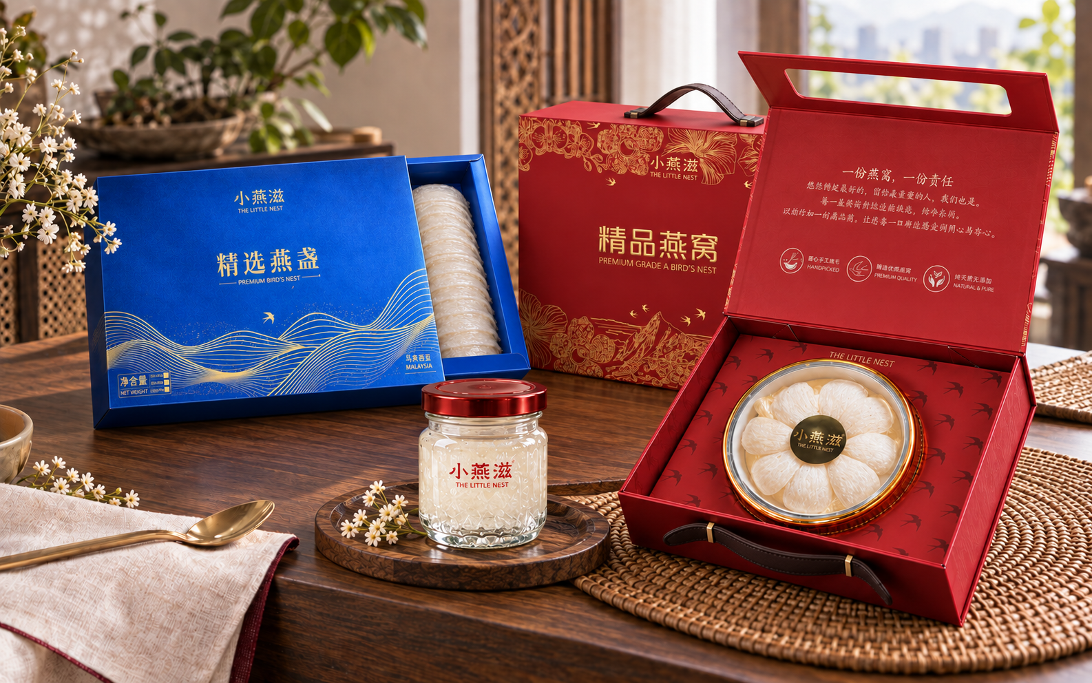 The Little Nests blue and red dry bird nest gift boxes with a branded 4g bottle