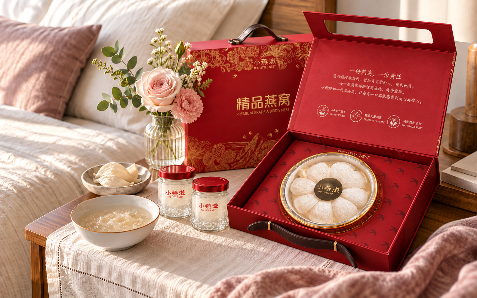 The Little Nests red 50g dry bird nest gift box with branded 4g bottles for a new mother