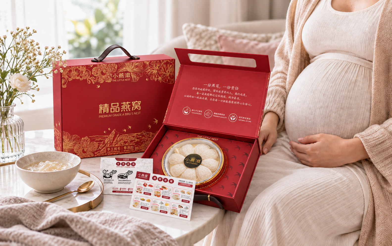The Little Nests 50g dry bird nest gift box with cooking and recipe guide cards for pregnancy gifting