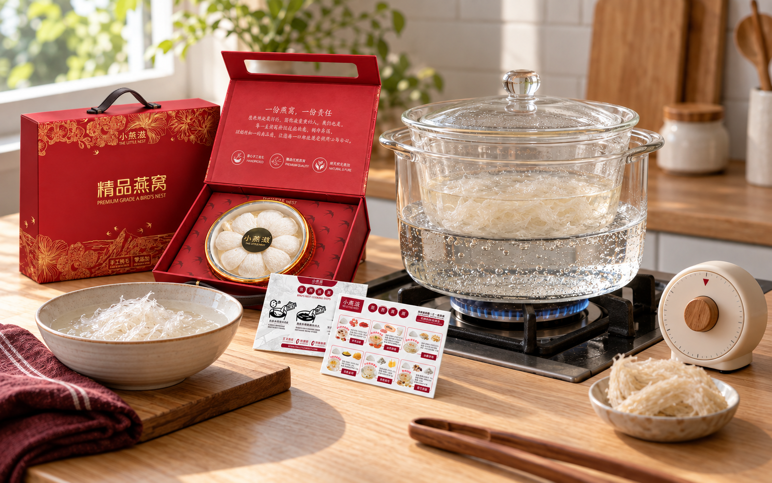 The Little Nests 50g red bird nest gift box, cooking guide cards and a glass double boiler