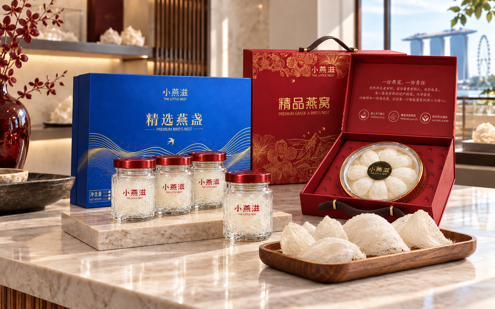The Little Nests blue and red bird nest gift boxes with branded 4g bottles in Singapore