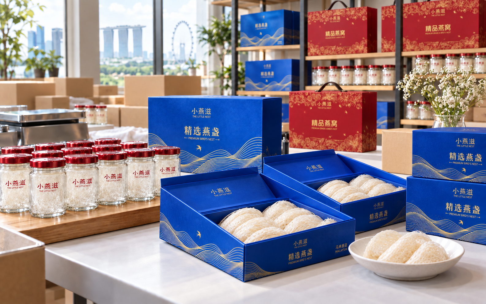 The Little Nests branded 4g bottles and blue and red bird nest boxes prepared for wholesale orders