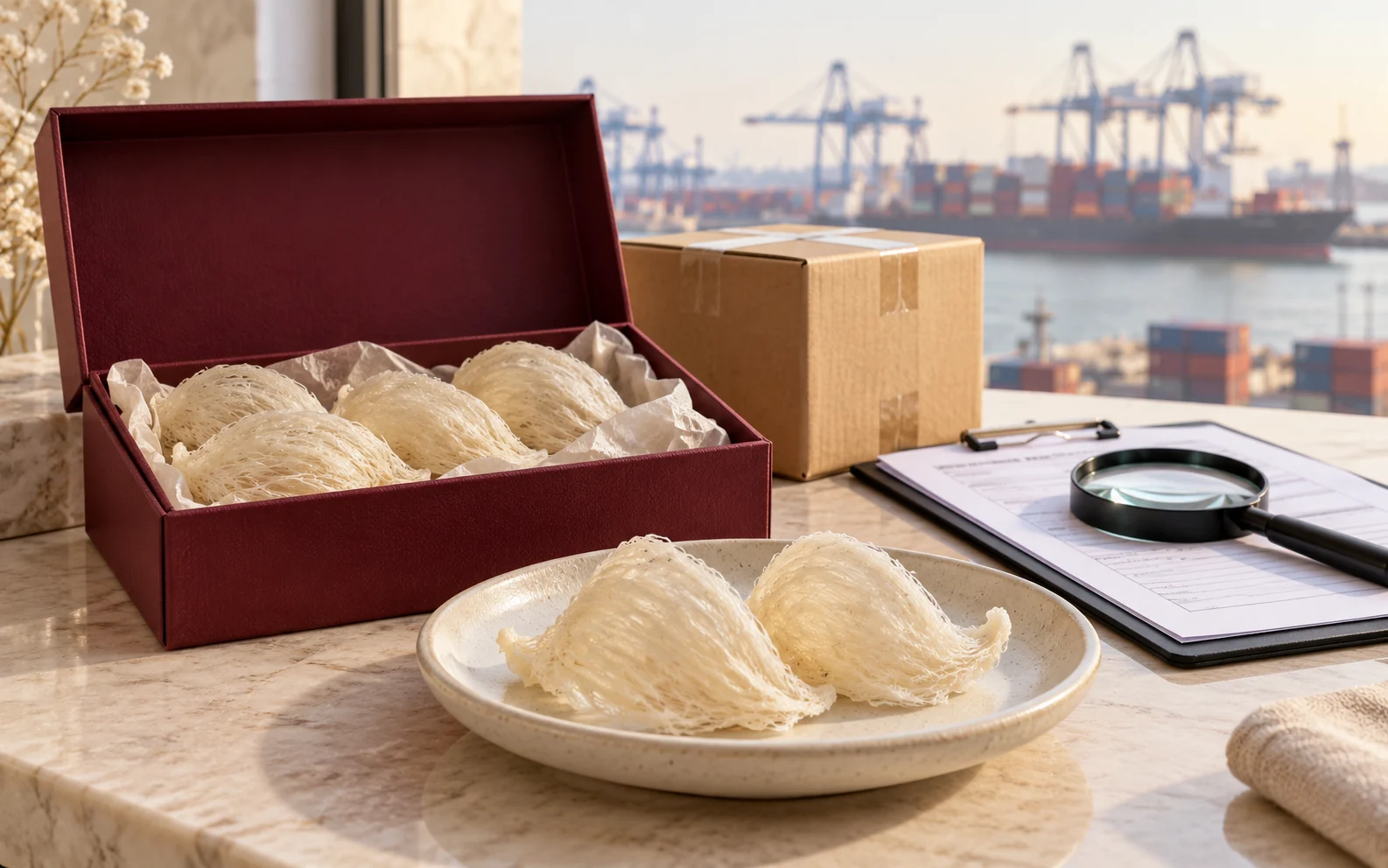 Dry bird nest cups with shipping paperwork and inspection tools at a commercial export workspace.