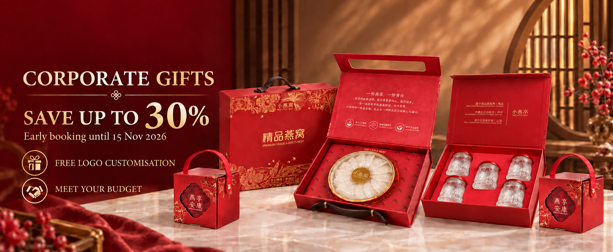 Red and gold gift boxes with dry and ready-to-drink bird’s nest